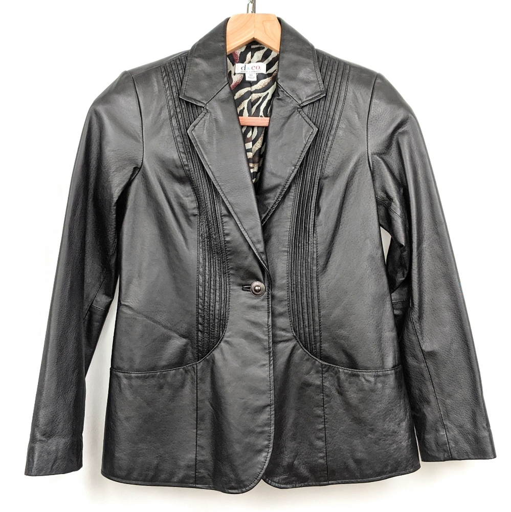Denim & Co. Leather Jacket Pintuck Detail Lined V-Neck Button Front Black XS